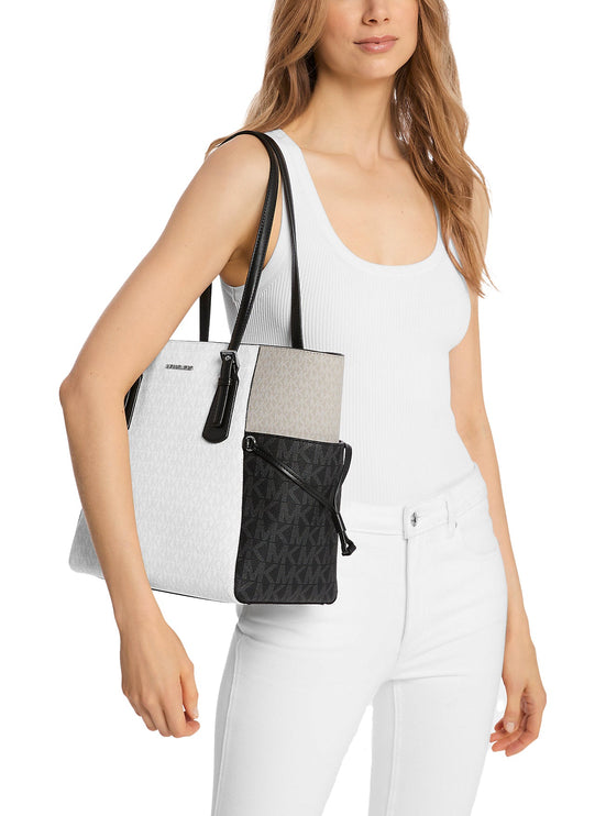 Michael Kors Women's Voyager Large Color-Block Signature Logo Tote Bag Optic White Multi