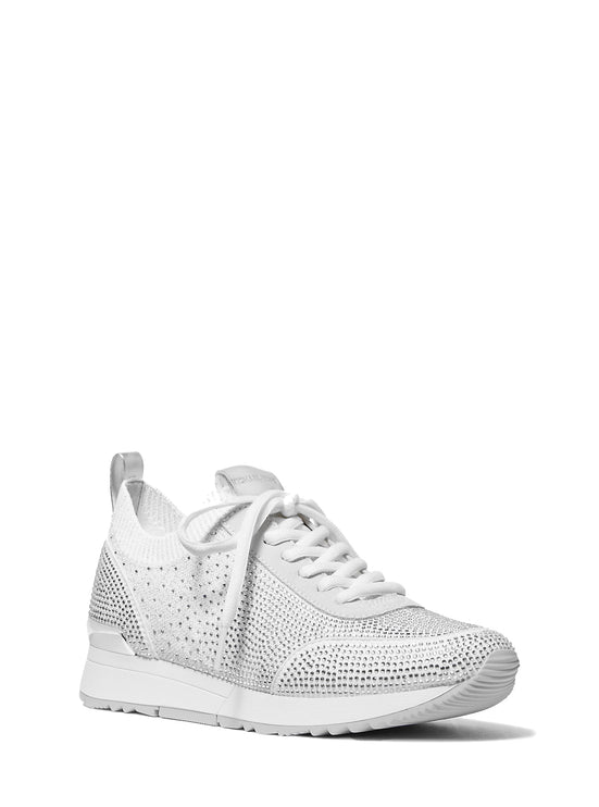 Michael Kors Women's Jenkins Crystal Embellished Metallic Stretch Knit Trainer Silver