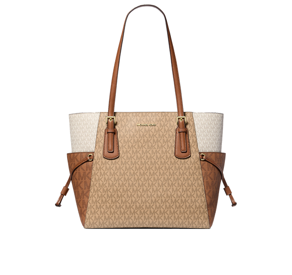 Michael Kors Women's Voyager Large Color-Block Signature Logo Tote Bag Camel Multi