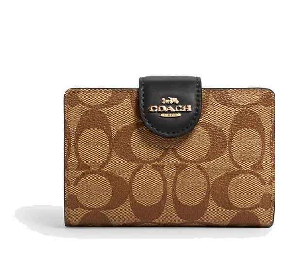 Coach Women's Medium Corner Zip Wallet In Signature Canvas Gold/Khaki/Black