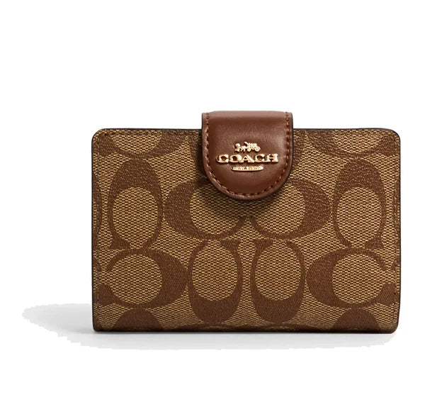 Coach Women's Medium Corner Zip Wallet In Signature Canvas Gold/Khaki Saddle 2