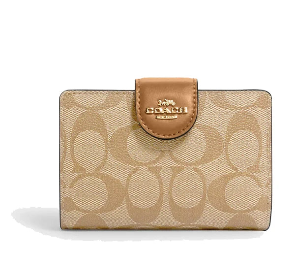 Coach Women's Medium Corner Zip Wallet In Signature Canvas Gold/Light Khaki/Light Saddle