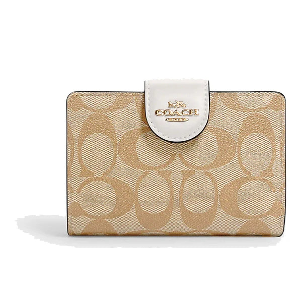 Coach Women's Medium Corner Zip Wallet In Signature Canvas Gold/Light Khaki Chalk