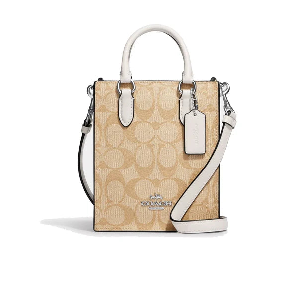 Coach Women's North South Mini Tote In Signature Canvas Silver/Light Khaki/Chalk