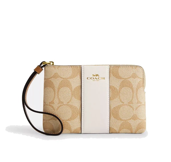 Coach Women's Corner Zip Wristlet In Signature Canvas With Stripe Gold/Light Khaki/Chalk Lt Saddle