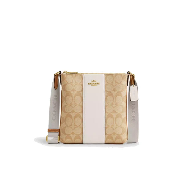 Coach Women's Mini Rowan File Bag In Signature Canvas With Stripe Gold/Light Khaki/Chalk Lt Saddle