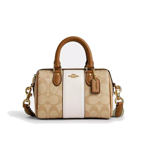 Coach Women's Mini Rowan Crossbody In Signature Canvas With Stripe Gold/Light Khaki/Chalk Lt Saddle