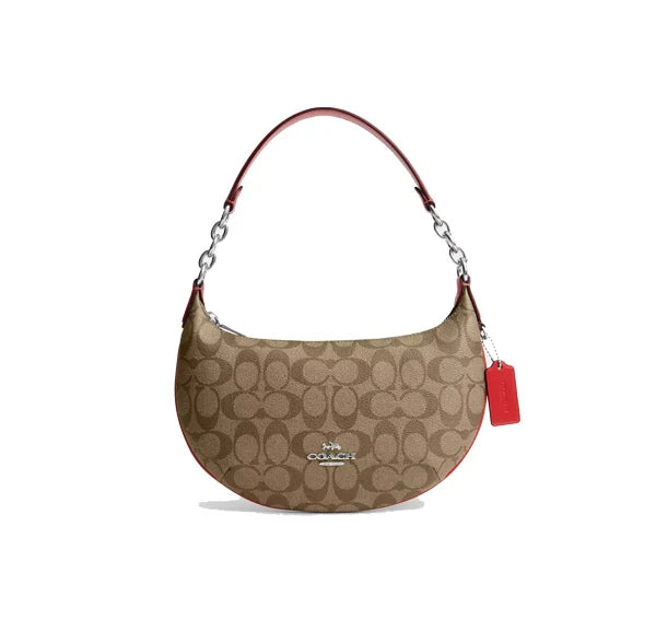 Coach Women's Payton Hobo In Signature Canvas Silver/Khaki/Miami Red - Ready to Ship