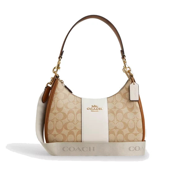 Coach Women's Teri Hobo In Signature Canvas With Stripe Gold/Light Khaki/Chalk Lt Saddle