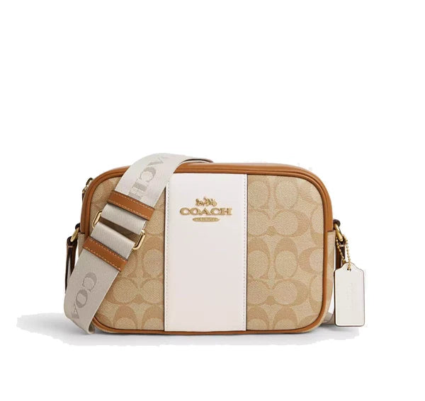 Coach Women's Jamie Camera Bag In Signature Canvas With Stripe Gold/ Light Khaki/Chalk Lt Saddle