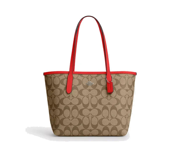 Coach Women's Mini City Tote In Signature Canvas Silver/Khaki/Miami Red