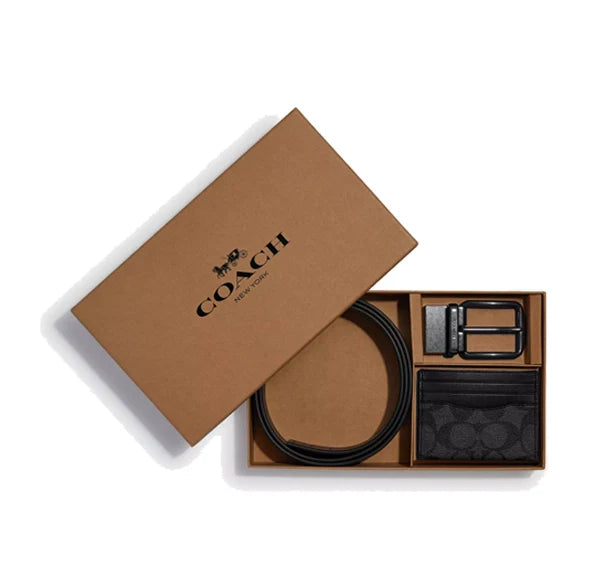 Coach Men's Boxed Card Case And Belt Gift Set In Colorblock Signature Canvas Gunmetal/Charcoal/Black