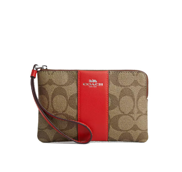 Coach Women's Corner Zip Wristlet In Signature Canvas Silver/Khaki/Miami Red