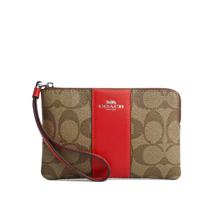 Coach Women's Corner Zip Wristlet In Signature Canvas Silver/Khaki/Miami Red