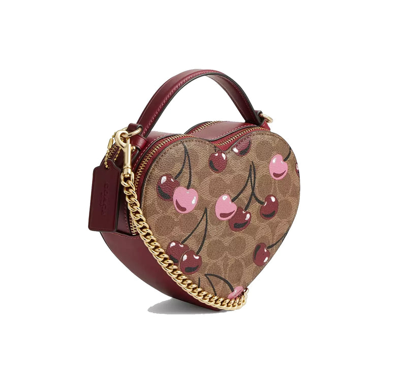 Coach Women's Heart Crossbody Bag In Signature Canvas With Cherry Print Gold/Tan Multi - Hemen Kargoda